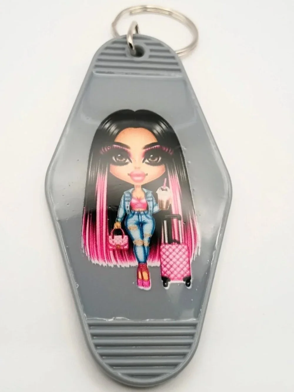 Glam Travel Girl Denim Outfit Gray Vintage Motel Keychain Pink Suitcase Key Fob